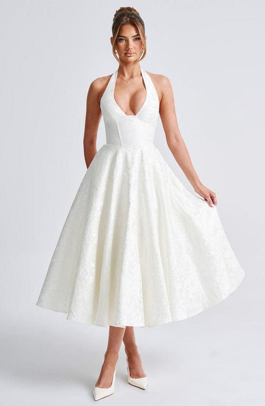 Abito midi bianco avorio halter linea A – Rafaella