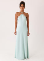 Abito lungo halter in seta azzurro acqua – Samaria