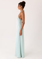 Abito lungo halter in seta azzurro acqua – Samaria