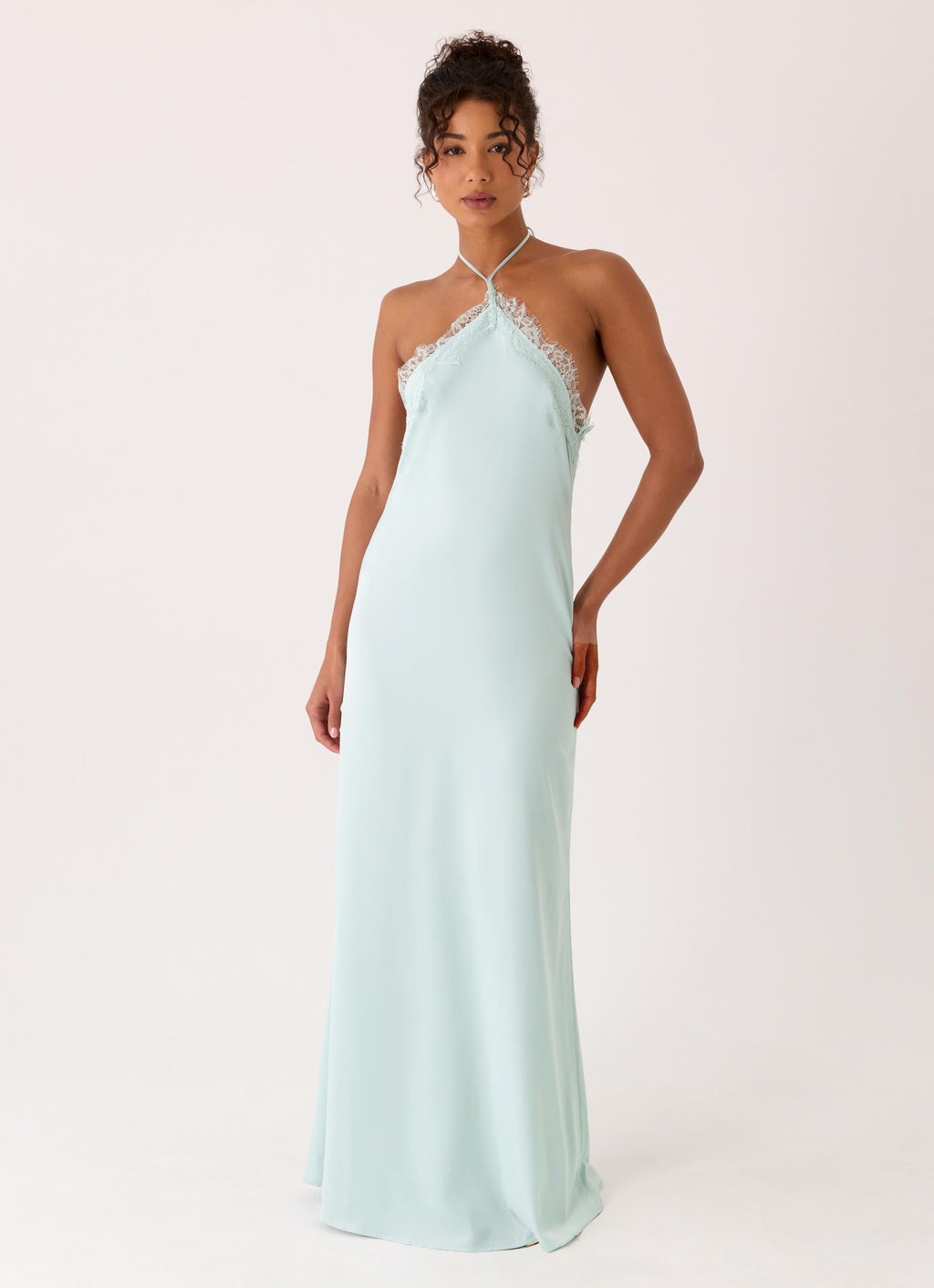 Abito lungo halter in seta azzurro acqua – Samaria