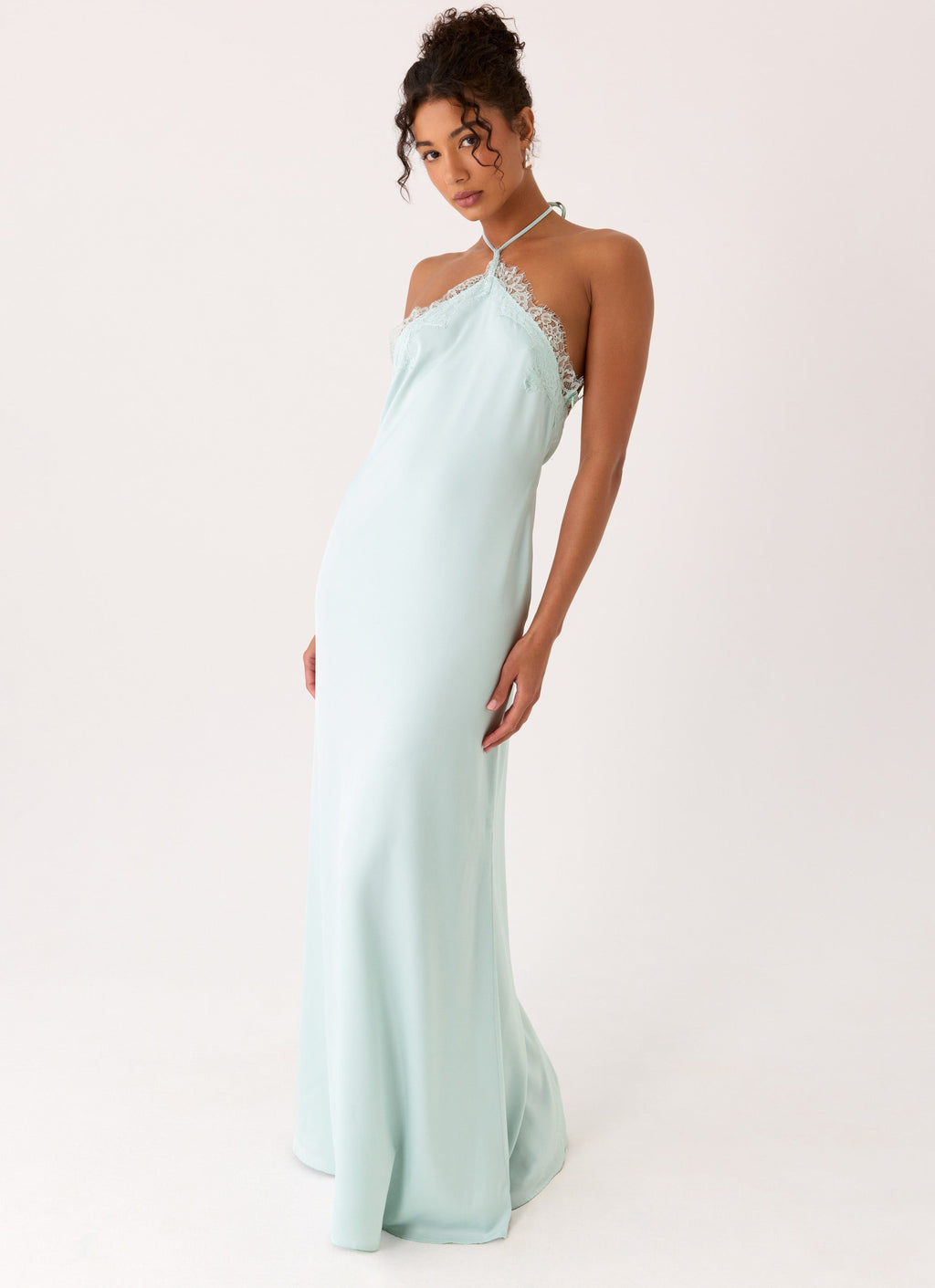 Abito lungo halter in seta azzurro acqua – Samaria