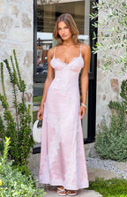 Abito lungo in raso rosa cipria con pizzo – Shanae