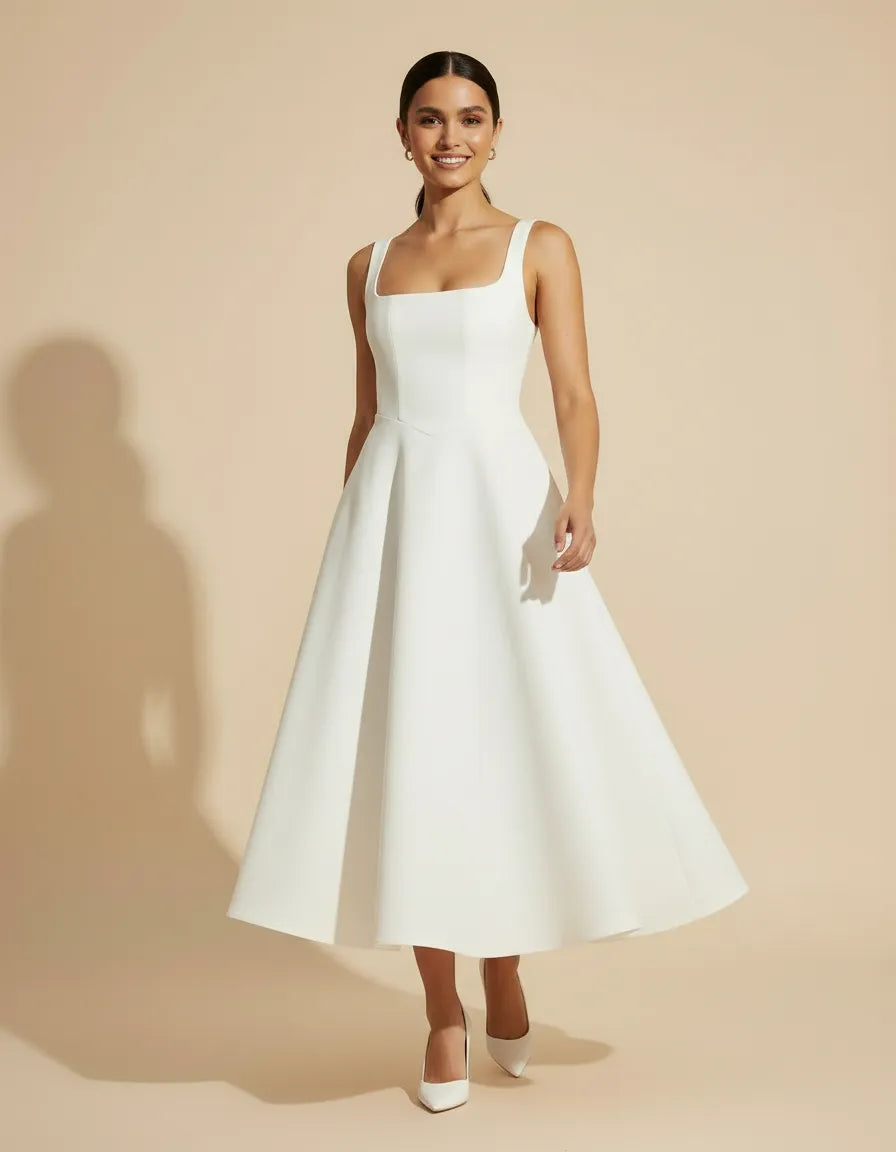 Abito midi bianco con scollo quadrato e gonna a campana