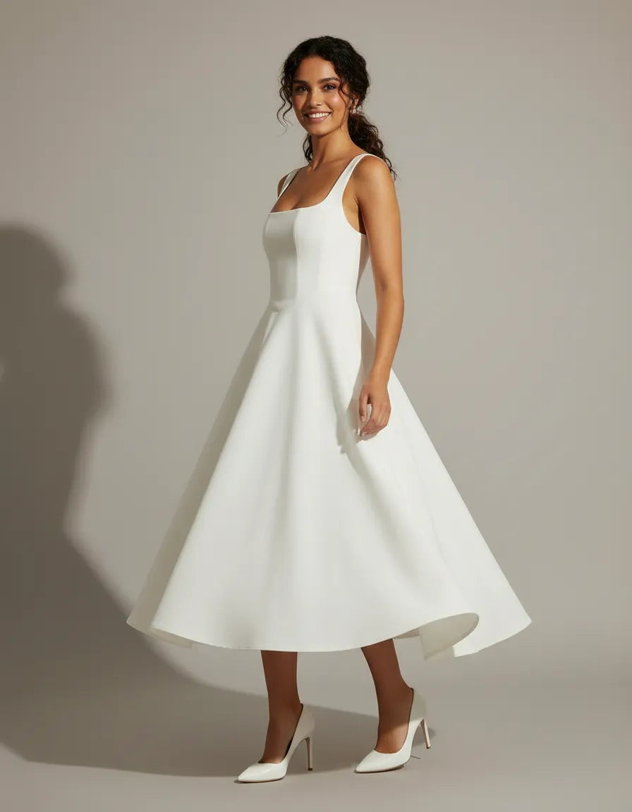 Abito midi bianco con scollo quadrato e gonna a campana