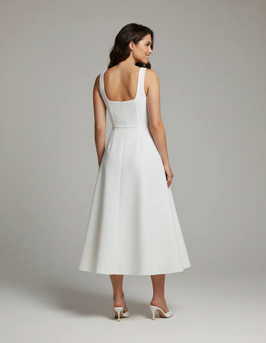 Abito midi bianco con scollo quadrato e gonna a campana