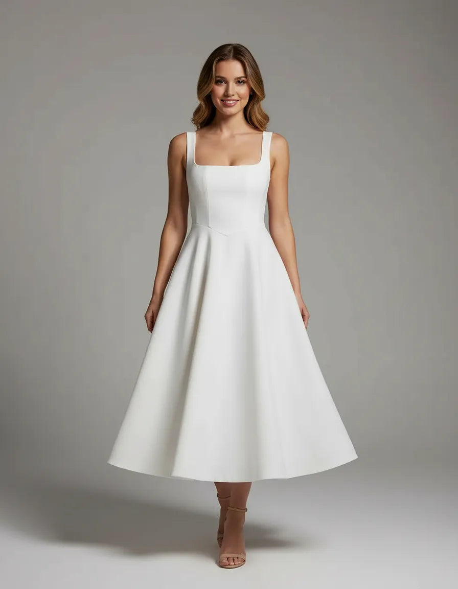 Abito midi bianco con scollo quadrato e gonna a campana