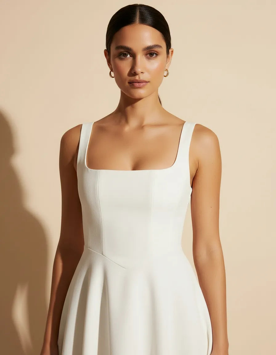 Abito midi bianco con scollo quadrato e gonna a campana
