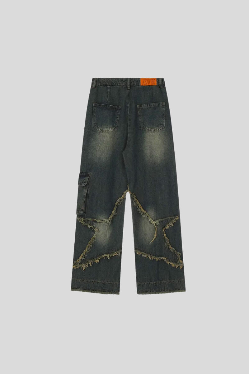 Jeans blu a vita alta con tasche cargo e stratificazioni