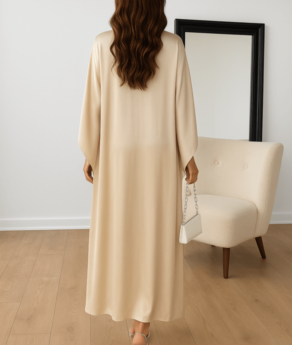 Abito lungo beige con maniche drappeggiate – Tayma