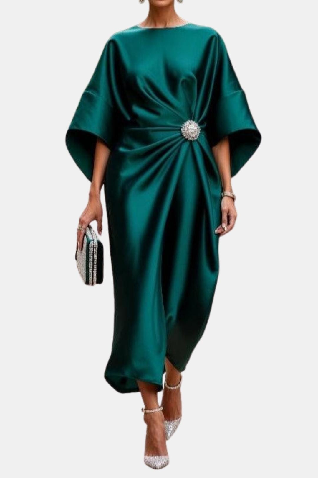 Abito lungo in raso verde maniche kimono – Verbera