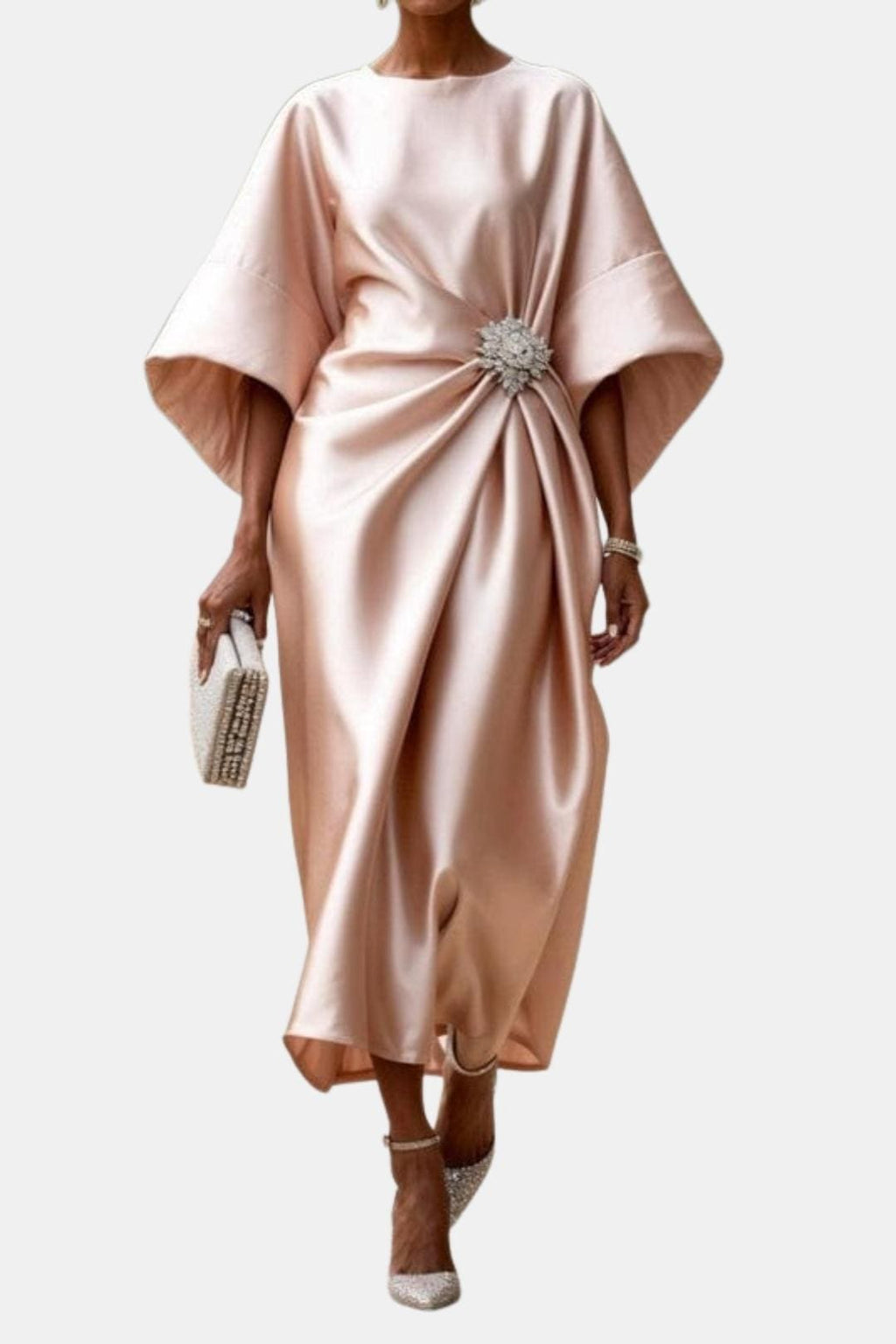 Abito lungo in raso verde maniche kimono – Verbera