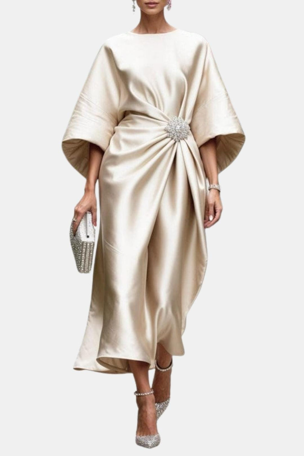 Abito lungo in raso verde maniche kimono – Verbera
