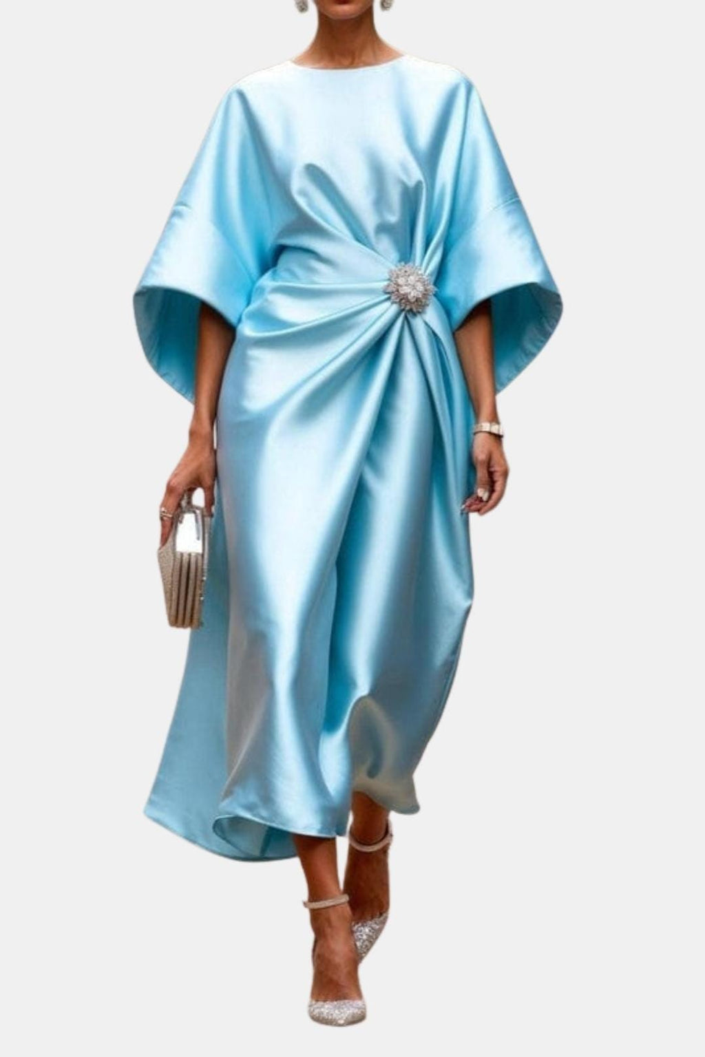 Abito lungo in raso verde maniche kimono – Verbera