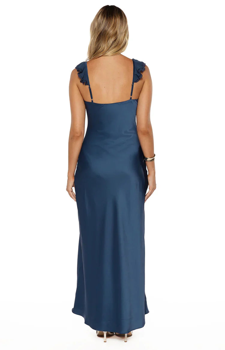 Abito lungo in satin blu navy con scollo a V