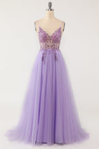 Abito da ballo lungo in tulle viola con perline