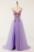Abito da ballo lungo in tulle viola con perline