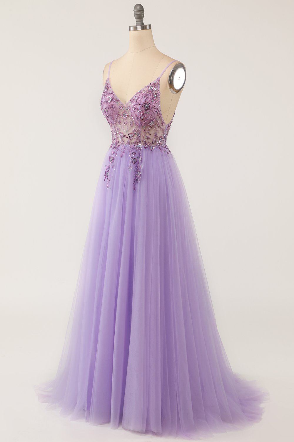 Abito da ballo lungo in tulle viola con perline