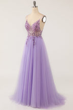 Abito da ballo lungo in tulle viola con perline