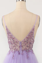 Abito da ballo lungo in tulle viola con perline