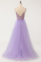 Abito da ballo lungo in tulle viola con perline