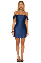 Abito corto in satin blu navy con nodi sulle spalle
