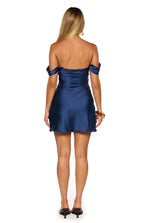 Abito corto in satin blu navy con nodi sulle spalle