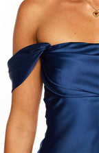 Abito corto in satin blu navy con nodi sulle spalle