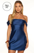 Abito corto in satin blu navy con nodi sulle spalle