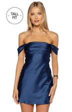 Abito corto in satin blu navy con nodi sulle spalle