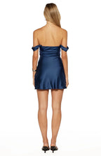 Abito corto in satin blu navy con nodi sulle spalle
