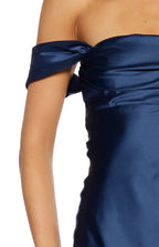 Abito corto in satin blu navy con nodi sulle spalle