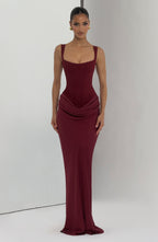 Abito lungo in raso bordeaux scollo quadrato – Cornelia