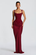 Abito lungo in raso bordeaux scollo quadrato – Cornelia