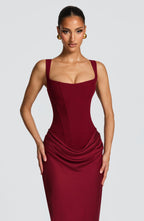 Abito lungo in raso bordeaux scollo quadrato – Cornelia