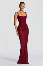 Abito lungo in raso bordeaux scollo quadrato – Cornelia