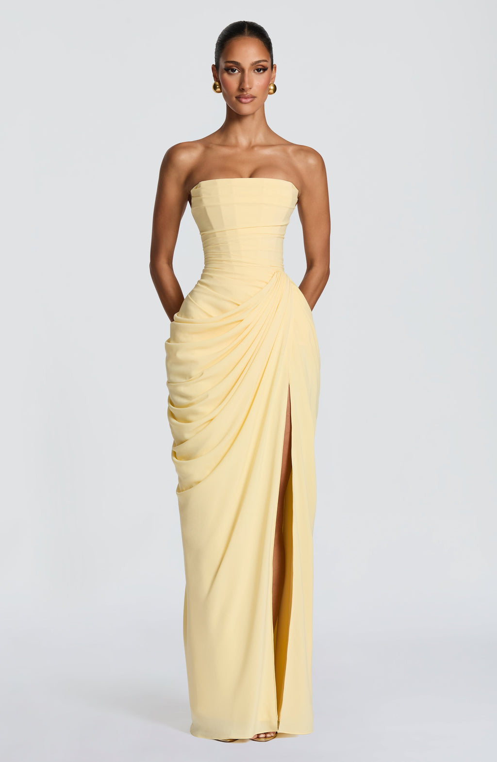 Abito lungo giallo limone strapless con drappeggio