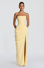 Abito lungo giallo limone strapless con drappeggio
