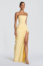 Abito lungo giallo limone strapless con drappeggio