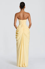 Abito lungo giallo limone strapless con drappeggio