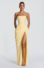 Abito lungo giallo limone strapless con drappeggio