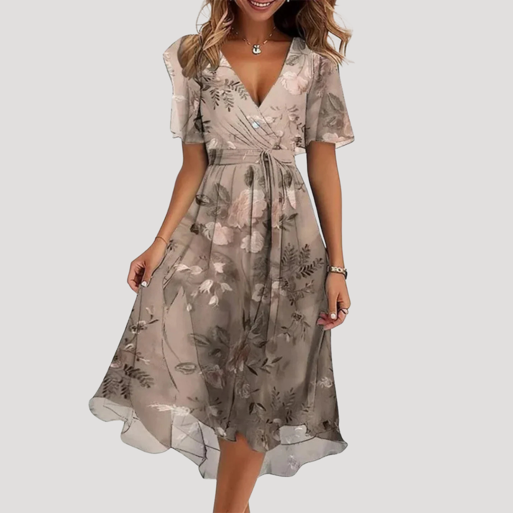 Abito wrap stampa floreale beige scollo a V
