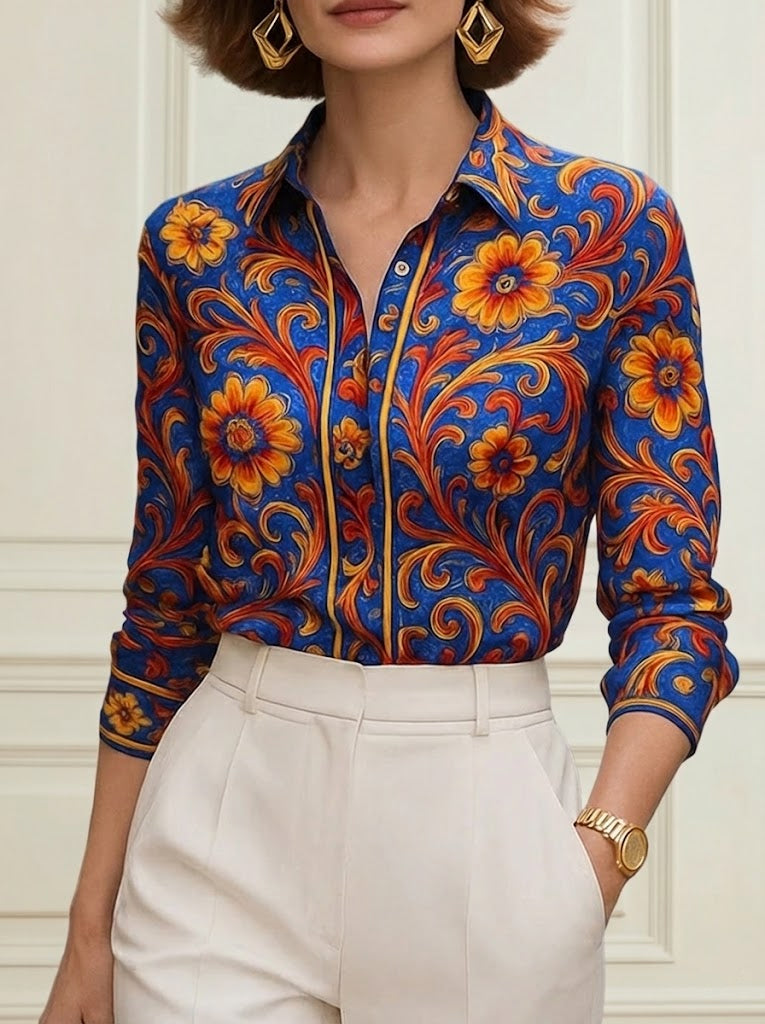 Camicia blu con stampa floreale e maniche lunghe