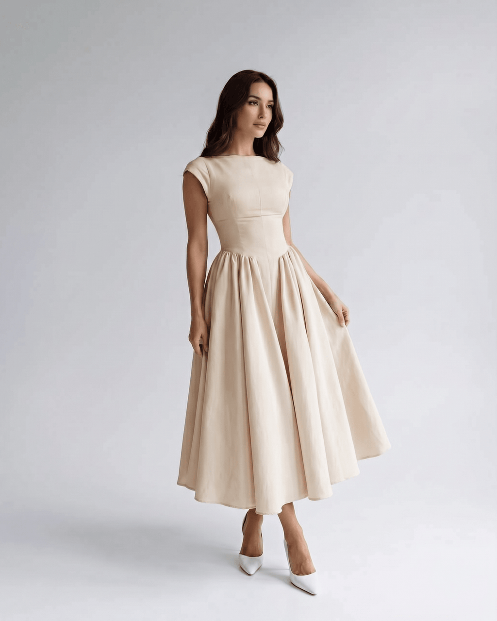 Abito midi beige scollo alla boat maniche corte – Elara