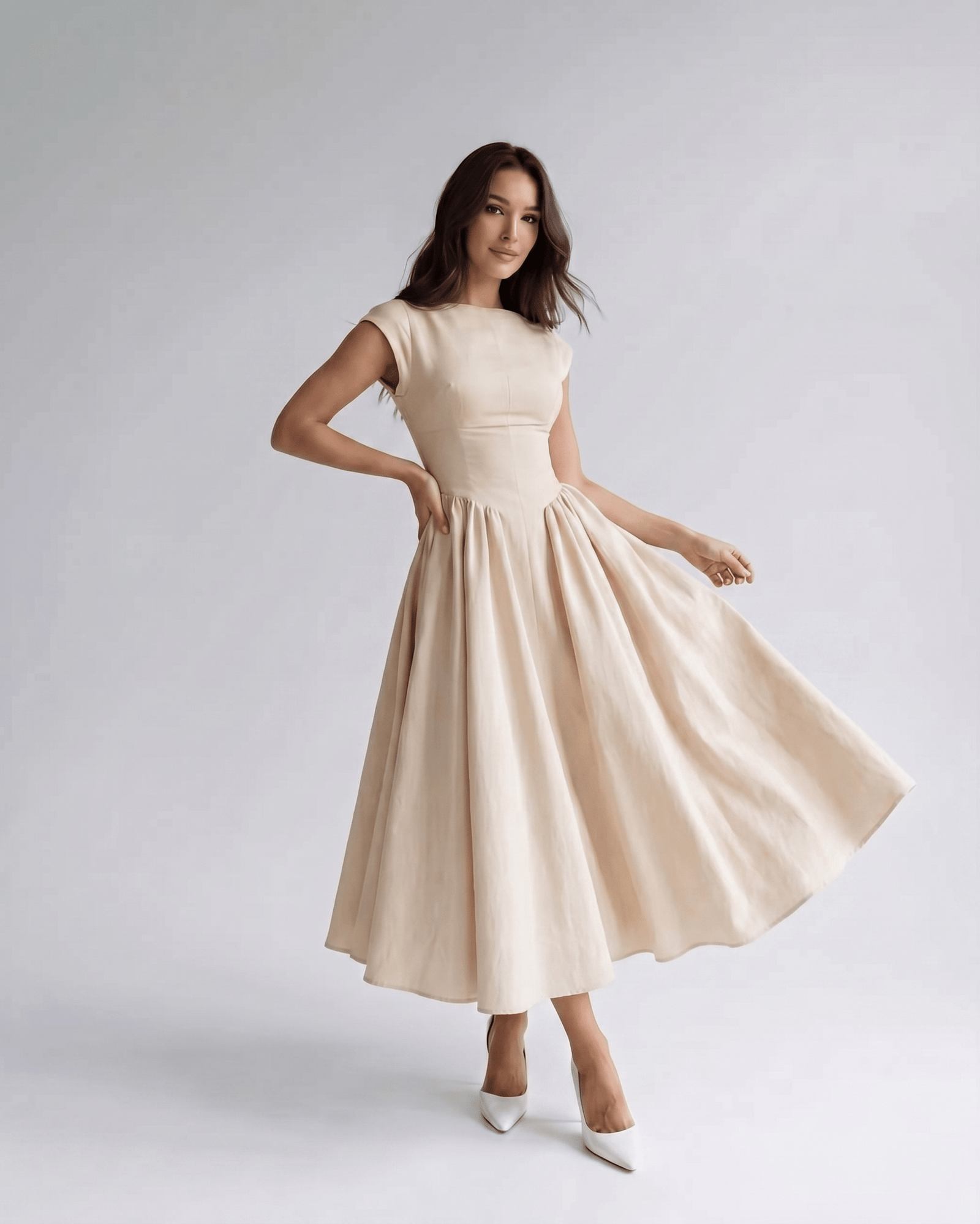 Abito midi beige scollo alla boat maniche corte – Elara