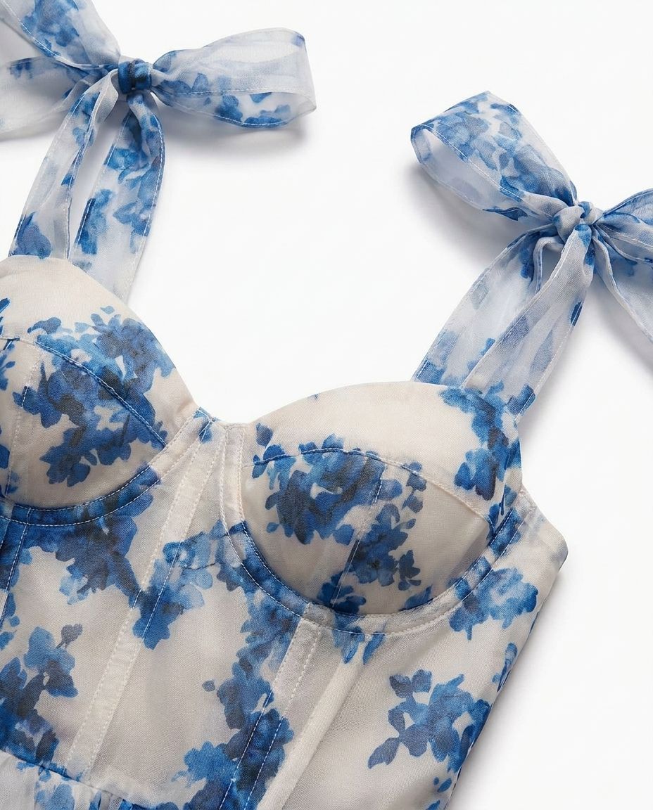 Abito lungo bianco con stampa floreale blu