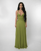 Abito lungo verde oliva halter con pizzo – Verdant Maxi