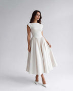 Abito midi beige scollo alla boat maniche corte – Elara