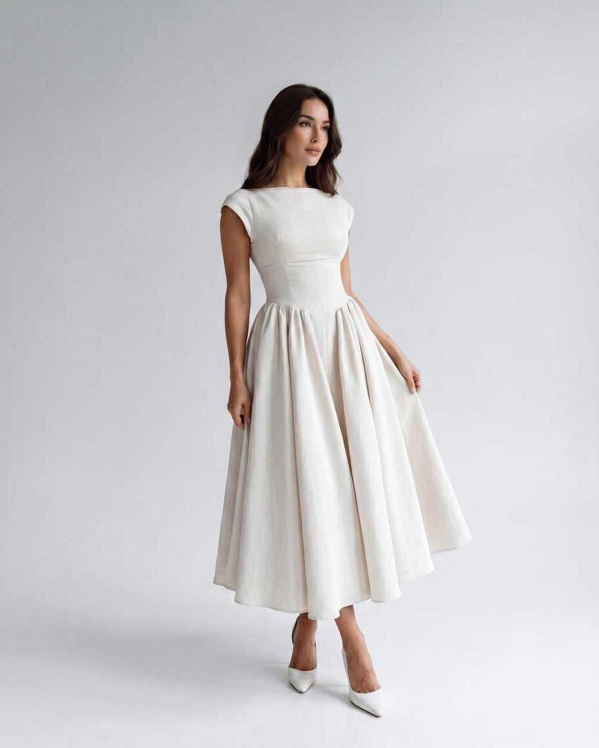 Abito midi beige scollo alla boat maniche corte – Elara