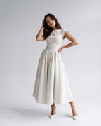 Abito midi beige scollo alla boat maniche corte – Elara
