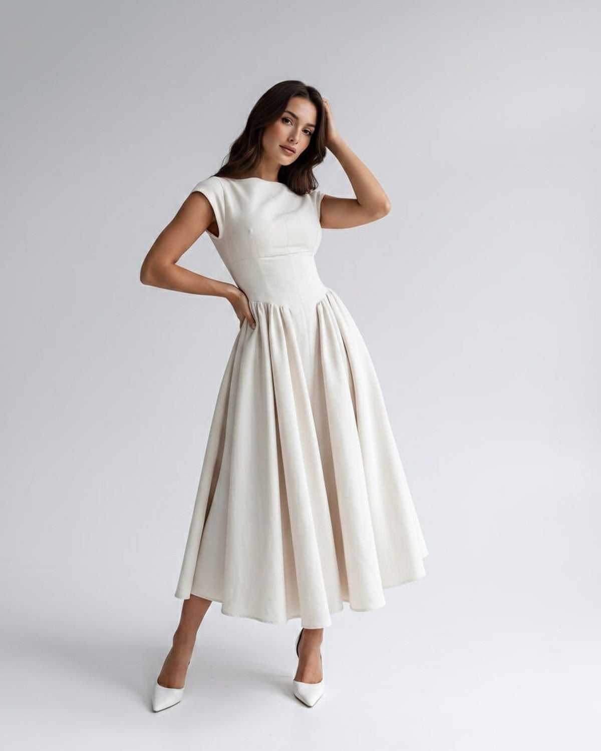 Abito midi beige scollo alla boat maniche corte – Elara